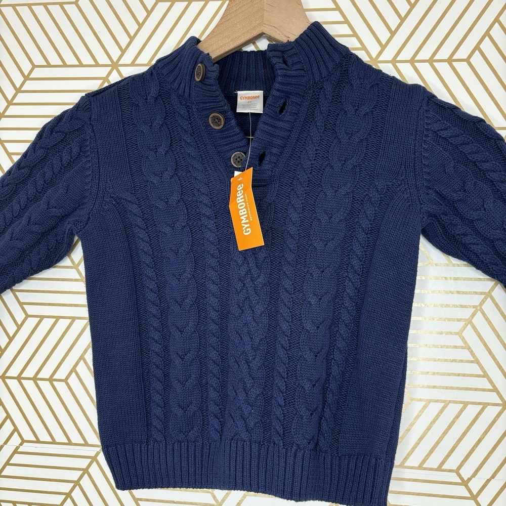 Gymboree Boys Cable Knit Fisherman Sweater Navy Blue Henley Mock Neck Preppy